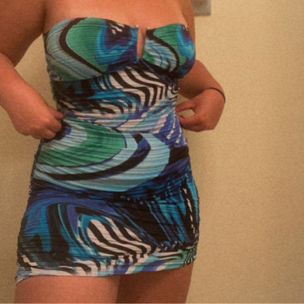 Strapless Blue and Green Patterned Dress